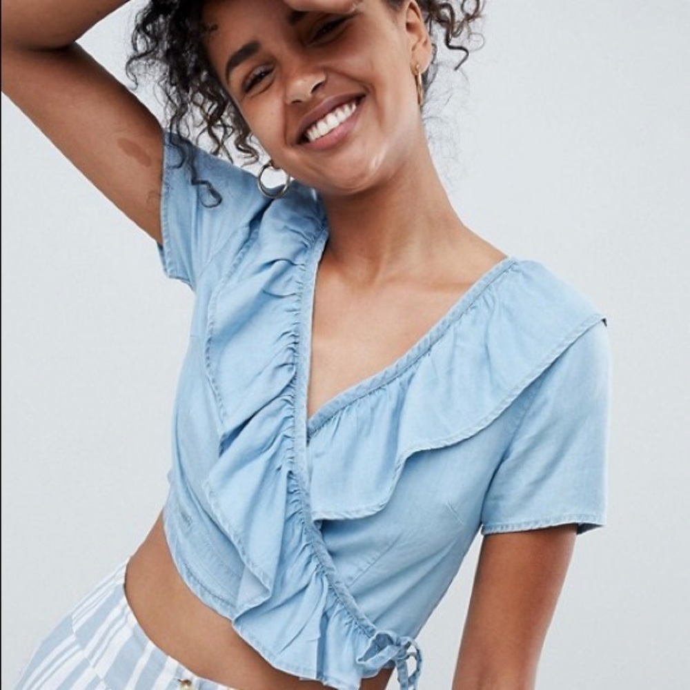 ASOS Ruffle Wrap Crop Top Denim